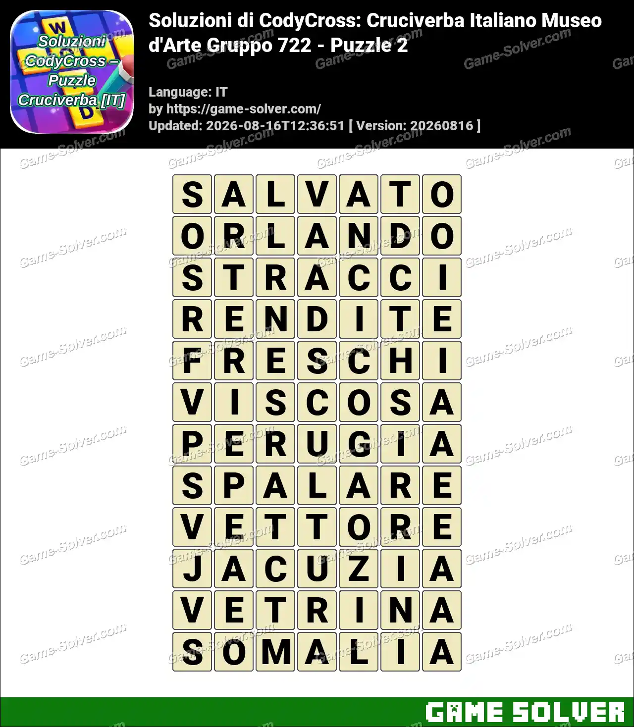 Soluzioni di CodyCross: Cruciverba Italiano Museo d’Arte Gruppo 722 – Puzzle 2
